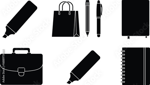 Set of black silhouette office and school supply icons including notebook, pen, briefcase, marker, and shopping bag illustration.