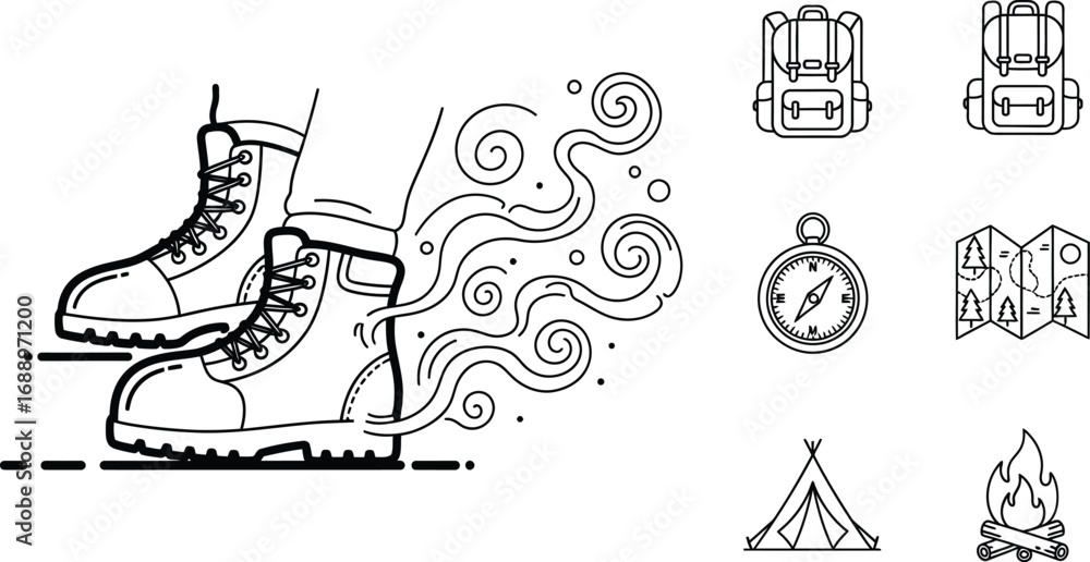Fototapeta premium Set of hiking and camping equipment isolated on a white background, vector illustration in black and white style