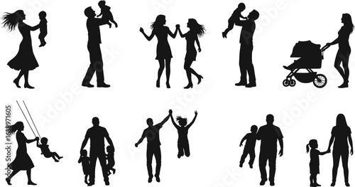 Set of family silhouettes, parents and children activities, playing and walking together, parenting vector collection, family bonding illustration, love