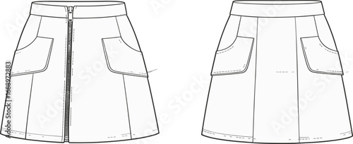 A-line skirt technical flat, front and back view, fashion CAD sketch, zipper and pocket details, garment design illustration