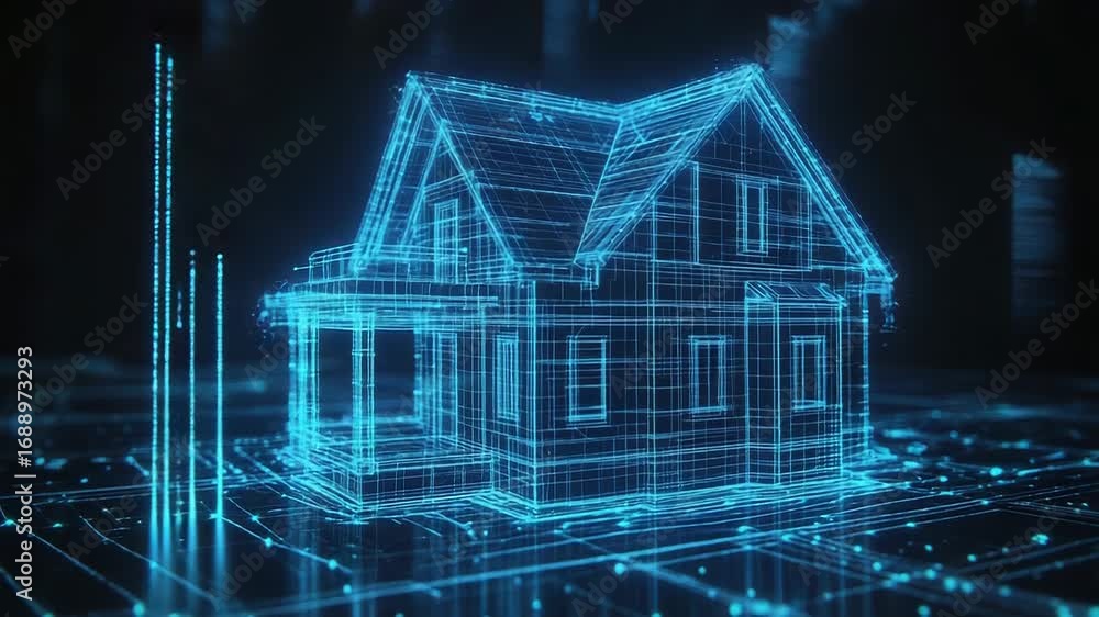 Futuristic wireframe house emerging from digital data stream Futuristic wireframe house emerging from digital data stream
