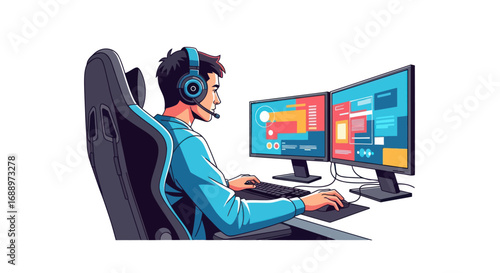 Gamer with Headset Playing on Dual Monitors, Sitting in Gaming Chair.