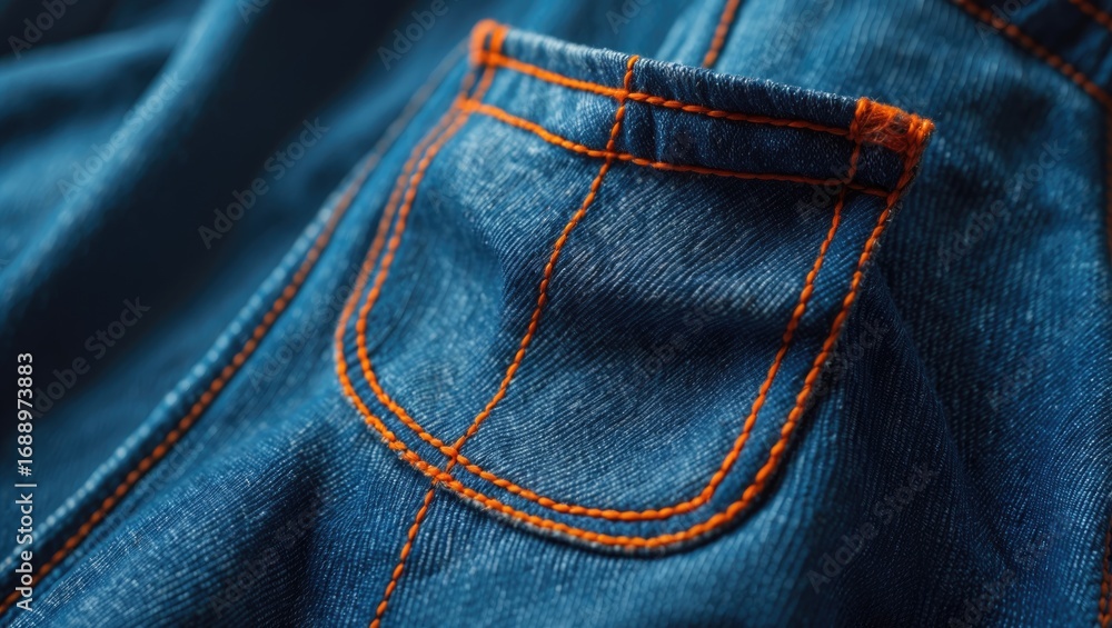 Fototapeta premium Close-up of denim pocket on jeans with orange stitching. Denim fashion and clothing, casual wear. Fabric and textile details of jeans.