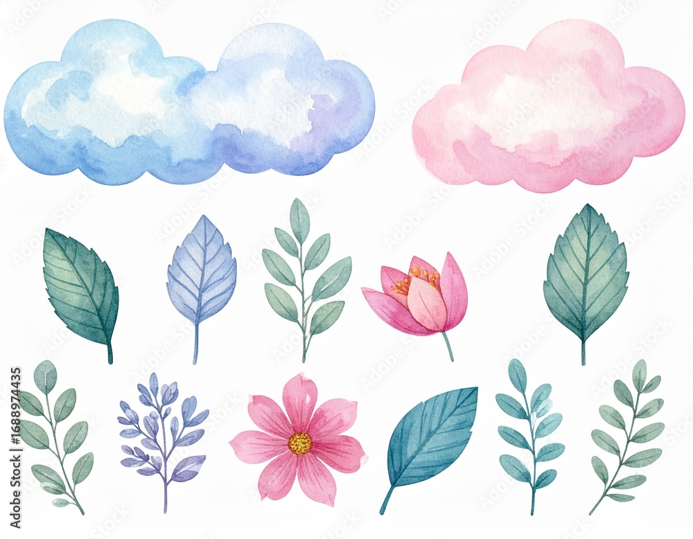 Obraz premium 手描き風の植物・自然モチーフセット