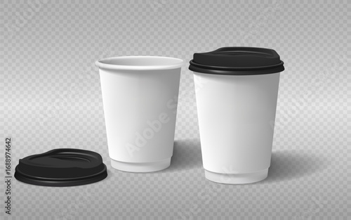 Coffee cup white with black lid vector. Template for cafes, design of the restaurant's corporate style. White cardboard coffee cup Mockup. Template disposable plastic and paperware for hot drinks