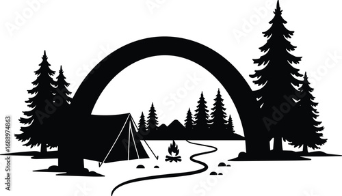 Silhouette of camping scene with tent, campfire, winding path, pine trees, mountains, outdoor adventure, nature, wilderness, and camping trip.
