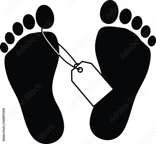 Silhouette of human feet with toe tag, symbolizing morgue, death, forensic identification, crime scene, mortality, and post-mortem examination.
