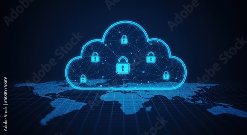 Digital cloud with lock icons security concept on a world map background.