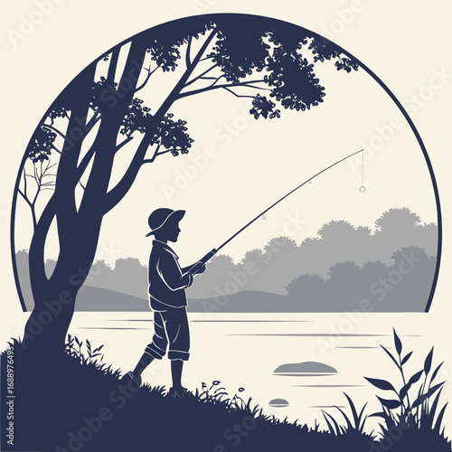 Boy fishing by a tree silhouette at sunset Keywords: boy, fishing, rod, reel, line, hook, bait