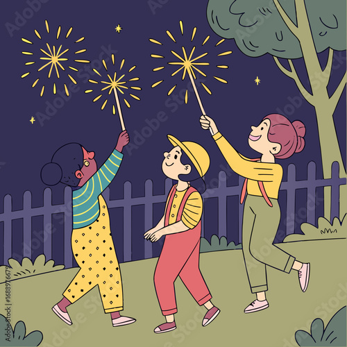 Children celebrating with sparklers at night firework