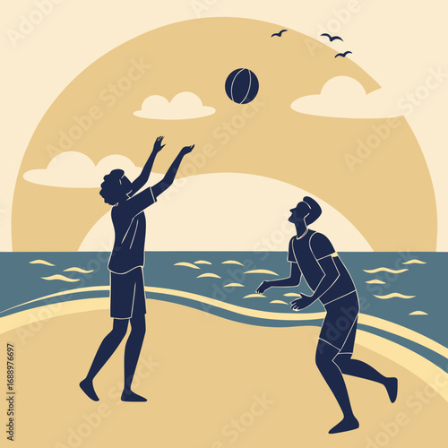Two men playing volleyball on a beach at sunset people