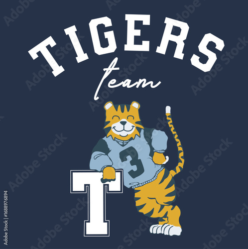 cute tiger stand T Letter varsity graphic on navy blue background