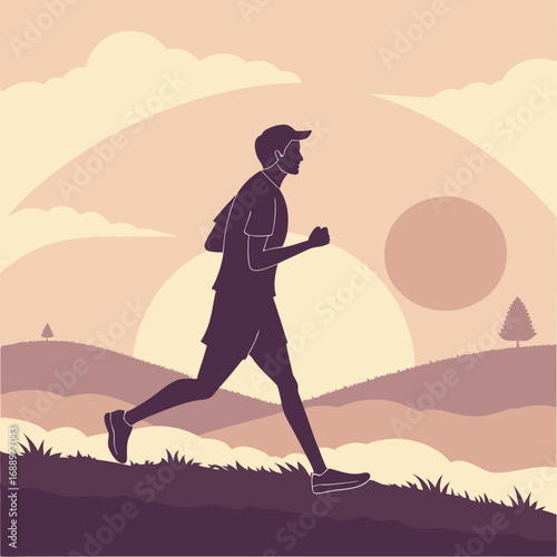 Silhouette of a man running at sunrise in a hilly landscape Keywords: running, man, silhouette