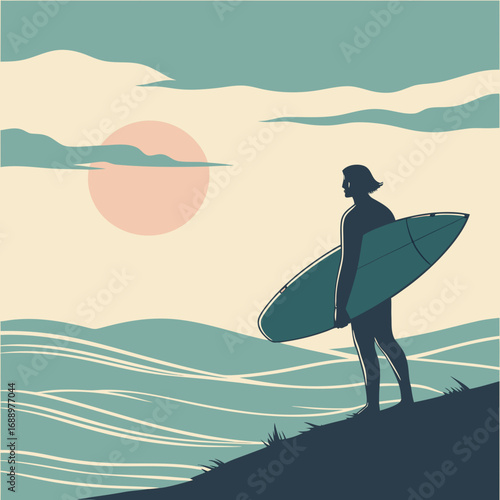 Surfer holding a surfboard on a grassy hill overlooking the ocean