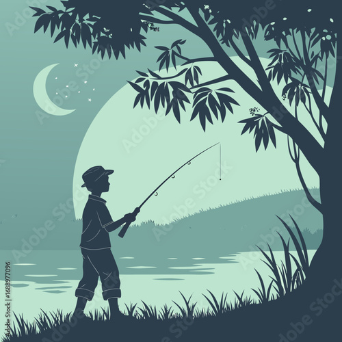 Boy Fishing by River Under Crescent Moon child silhouette