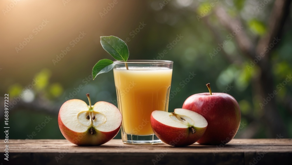 Fototapeta premium Fresh apples and apple juice on a wooden surface with a blurred natural background.