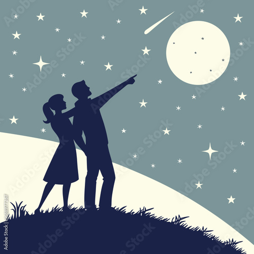 Couple looking at shooting star in starry night sky