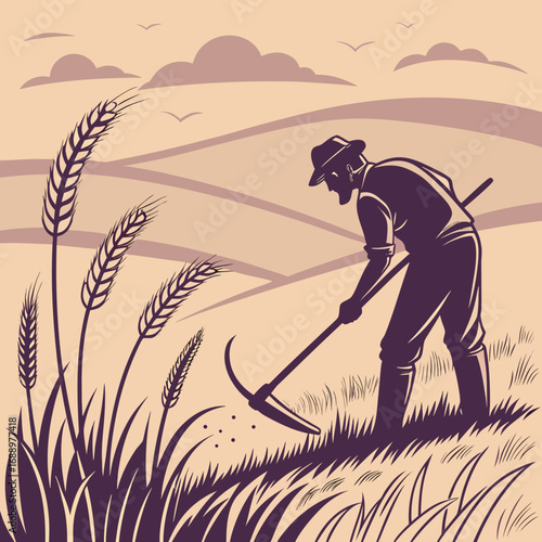Farmer Harvesting Wheat with Scythe in a Field agriculture