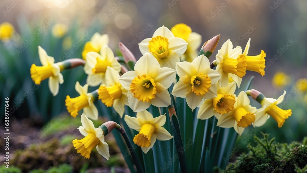 Fototapeta premium Cluster of daffodils with yellow and white petals blooming in spring garden.