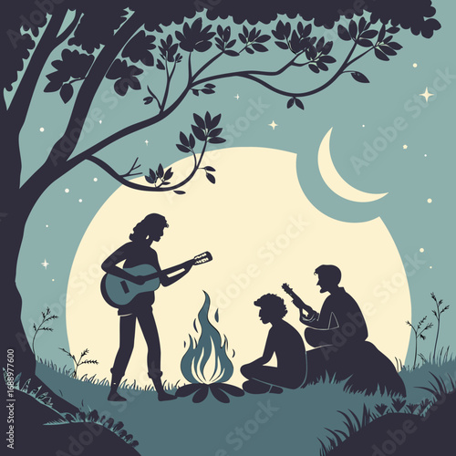 Friends playing guitar around a campfire at night people