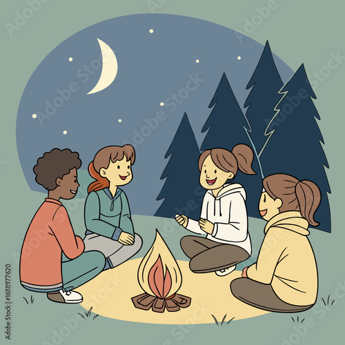 Friends sitting around a campfire sharing stories at night