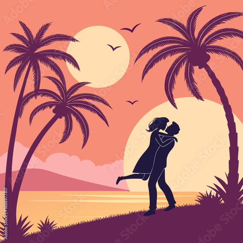 Man Lifting Woman on Beach at Sunset with Palm Trees