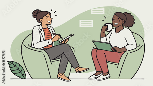 Two women having a friendly conversation while sitting in armchairs one taking notes and the other drinking from a mug.