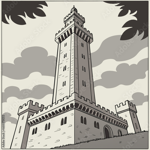 Tall stone tower with battlements and arched entrance