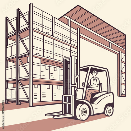 Forklift Operator in Warehouse with Tall Shelving and Boxes
