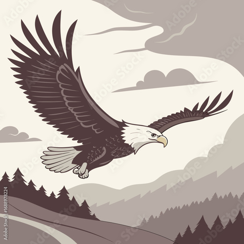 Bald eagle in flight over a mountainous forest landscape
