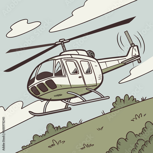 Cartoon helicopter flying over green hills aircraft