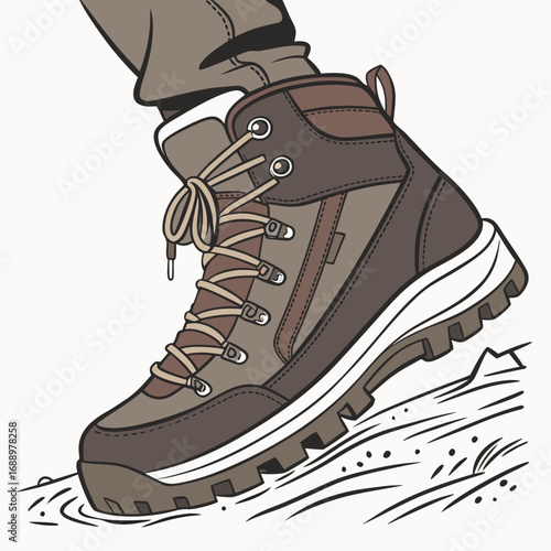 Close-up of hiking boot stepping on rough terrain footwear