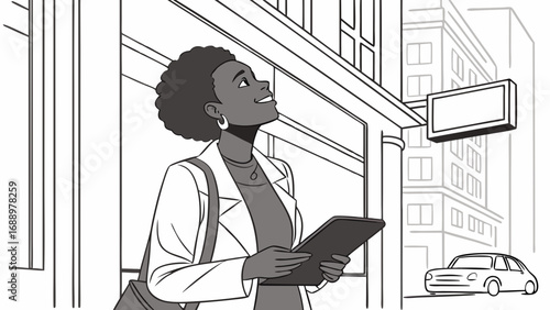 Woman looking up holding tablet urban city street scene monochrome illustration black and white drawing.
