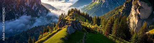 Golden sunlight bathes stunning landscape, revealing dramatic peaks and verdant forests shrouded in ethereal mist.