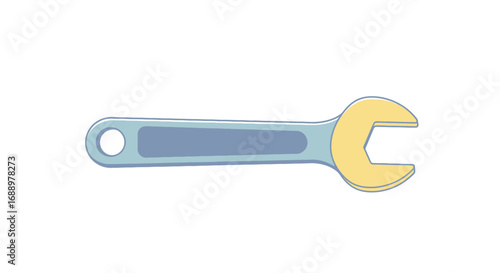 A Detailed Illustration of a Single Open Ended Wrench with a Clear Blue Handle and Yellow Head Showing the Tool's Shape and Design
