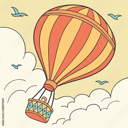 Colorful hot air balloon floating among clouds and birds