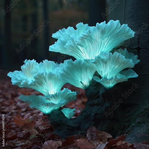 Glowing teal fungi cluster on forest floor