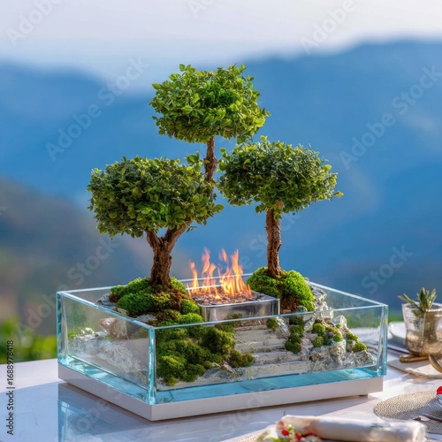 Glass terrarium with miniature landscape and bonsai trees, featuring a fire pit.  Outdoor setting with mountains in the background