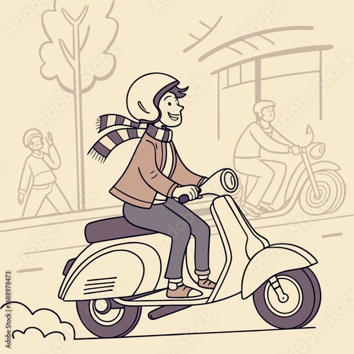 Person riding a scooter in a stylized urban setting