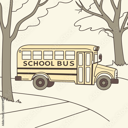 Yellow school bus parked between two trees on a road Keywords: school bus, yellow