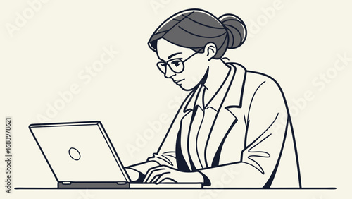 Woman working on laptop line art illustration professional business technology office digital computer female elegant stylish modern simple minimalist graphic design vector illustration drawing sketc.