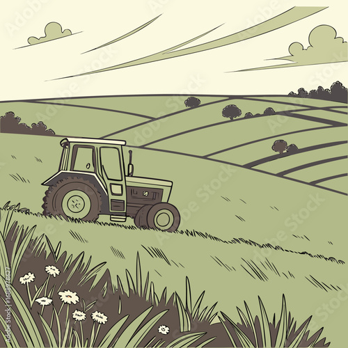 Tractor on a green rolling farmland with daisies agriculture