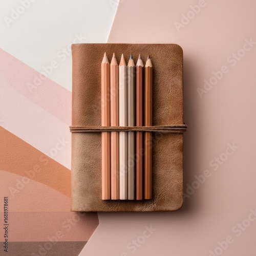 A small, tan leather notebook, tied shut with a tan strap, holds a set of colored pencils in various shades of brown and beige.  The notebook sits atop a muted color background