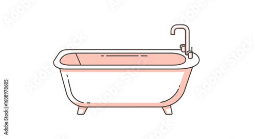 A vintage inspired bathtub with a modern chrome faucet is pictured in a clean minimalist style illustration with soft pink accents evoking a sense of relaxation and hygeine