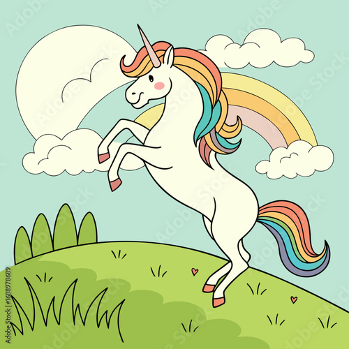Unicorn Galloping on a Grassy Hill with Rainbow Keywords: unicorn, fantasy, horse, mythical