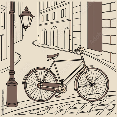 Vintage bicycle parked on cobblestone street with lamppost