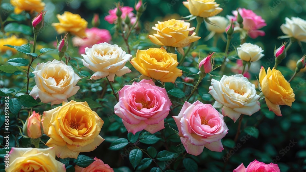 Fototapeta premium A variety of roses in shades of yellow, pink, and white blooming amidst lush green foliage.