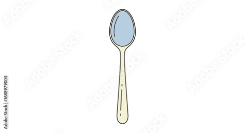 A Simple Illustration of a Silver Spoon with a Light Blue Oval Shape Reflecting Light on its Bowl and a Thin Handle with Subtle Indentations Showing a Classic Design