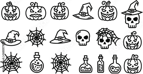 Halloween icon set with pumpkins, skulls, spider webs, and witch hats isolated on a white background vector illustration