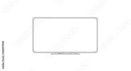 A clean and empty rectangular whiteboard with a silver aluminum frame and a marker tray attached to the bottom edge